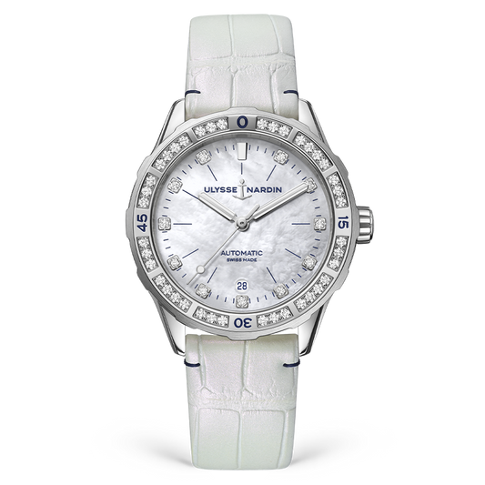 Ulysse Nardin Diver 39 mm White Mother-Of-Pearl Dial with Diamonds Stainless Steel Leather Strap 8163-182B/10