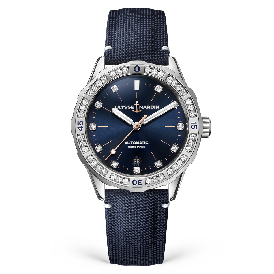 Ulysse Nardin Diver 39 mm Dark Blue Dial with Diamonds Stainless Steel Fabric Strap 8163-182B/13