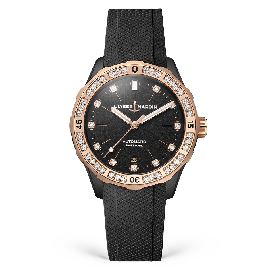 Ulysse Nardin Diver 39 mm Black Dial with Diamonds Steel /18Kt Rose Gold Rubber Strap 8165-182B-3/BLACK