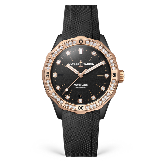 Ulysse Nardin Diver 39 mm Black Dial with Diamonds Steel /18Kt Rose Gold Rubber Strap 8165-182B-3/BLACK