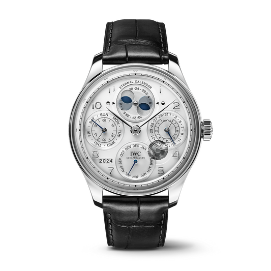 IWC Schaffhausen Portugieser Eternal Calendar 44.4 mm White Dial Platinum Black Alligator Leather Strap IW505701