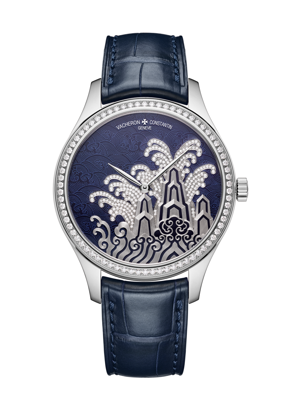 Vacheron Constantin Métiers d'Art Tribute to traditional symbols - Moonlight slivers 38 mm Blue Dial with Diamonds White Gold Alligator Leather Strap 2405A/000G-H021