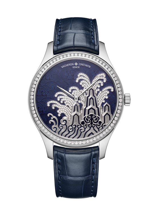 Vacheron Constantin Métiers d'Art Tribute to traditional symbols - Moonlight slivers 38 mm Blue Dial with Diamonds White Gold Alligator Leather Strap 2405A/000G-H021