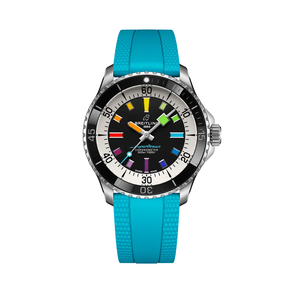 Breitling Superocean Automatic 42 mm Black And White Dial Stainless Steel Rubber Turquoise  Strap A17375211B2S1