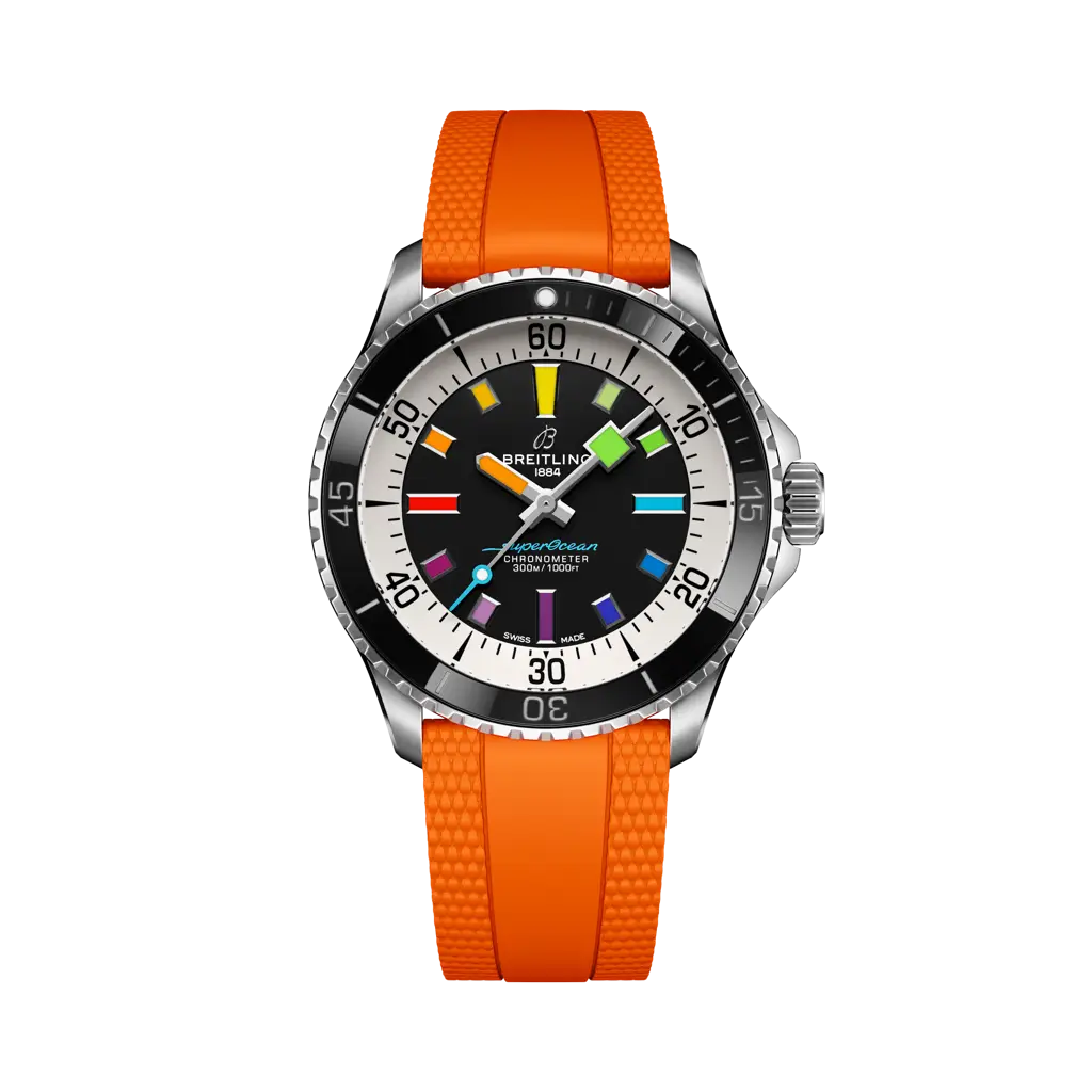 Breitling Superocean Automatic 42 mm Black And White Dial Stainless Steel Rubber Orange  Strap A17375211B2S3