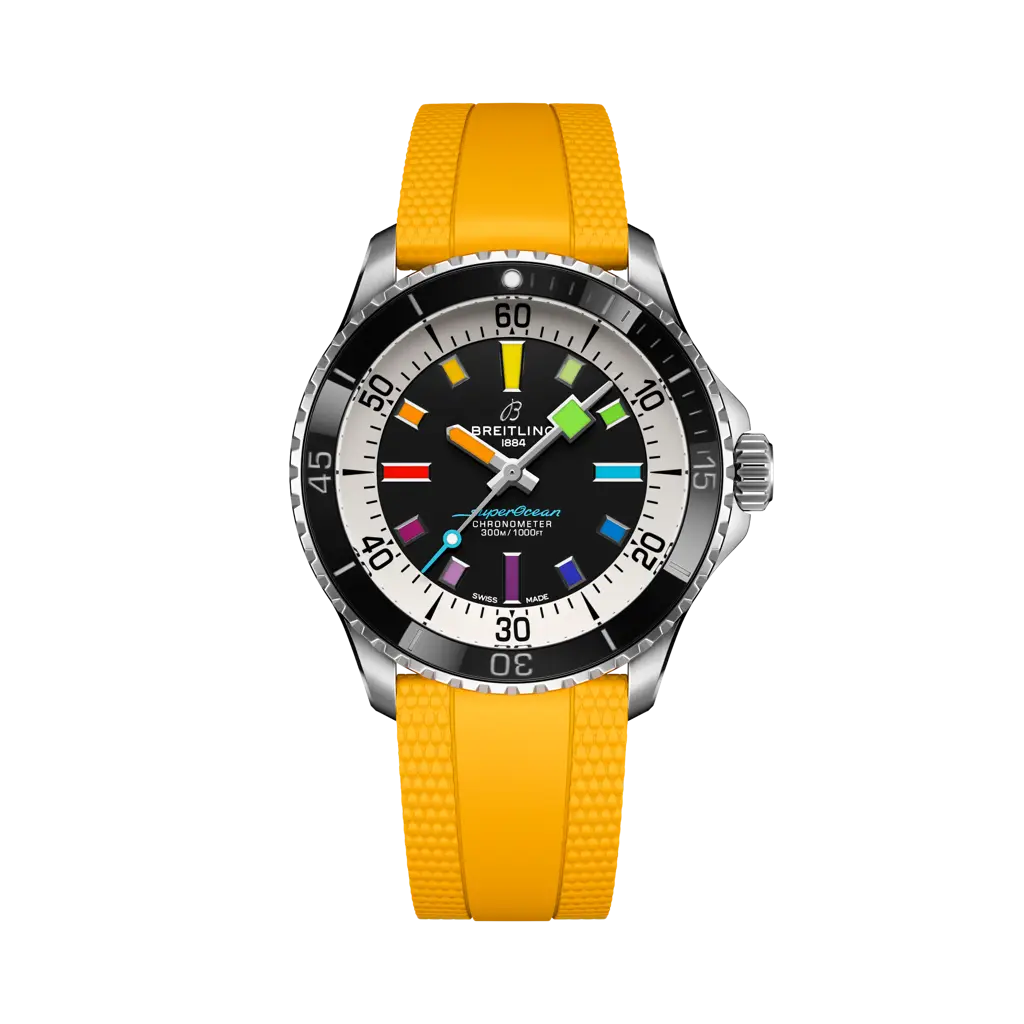 Breitling Superocean Automatic 42 mm Black And White Dial Stainless Steel Rubber Yellow  Strap A17375211B2S4