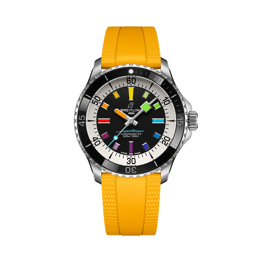 Breitling Superocean Automatic 42 mm Black And White Dial Stainless Steel Rubber Yellow  Strap A17375211B2S4