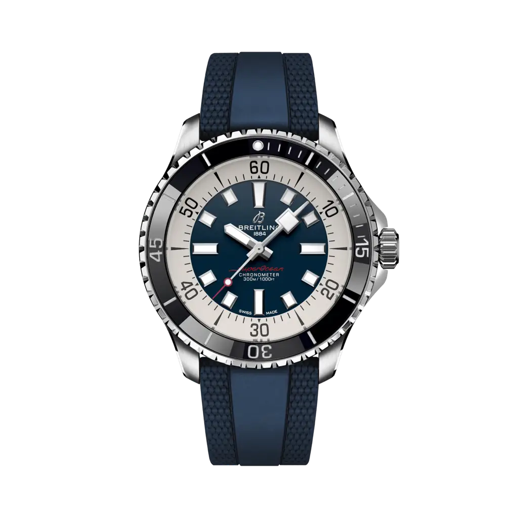 Breitling Superocean Automatic 44 mm  White And Blue Dial Stainless Steel Rubber Blue Strap A17376211C1S1