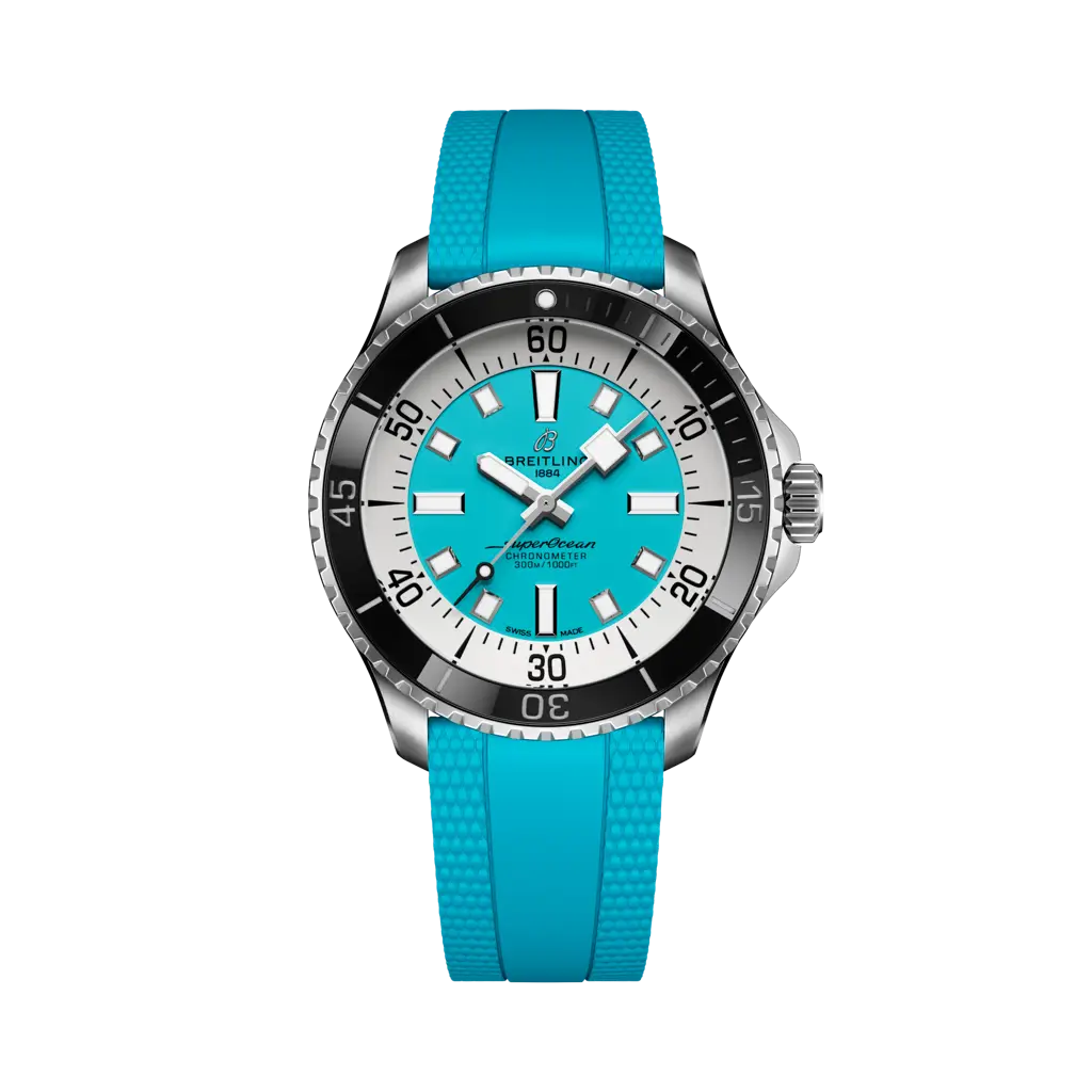 Breitling Superocean Automatic 44 mm White And Sky Blue Dial Stainless Steel Rubber Turquoise  Strap A17376211L2S2