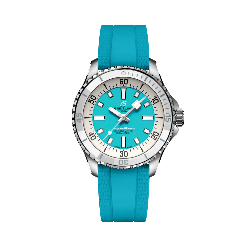 Breitling Superocean Automatic 36 mm  White And Sky Blue Dial Stainless Steel Rubber Turquoise Strap A17377211C1S1