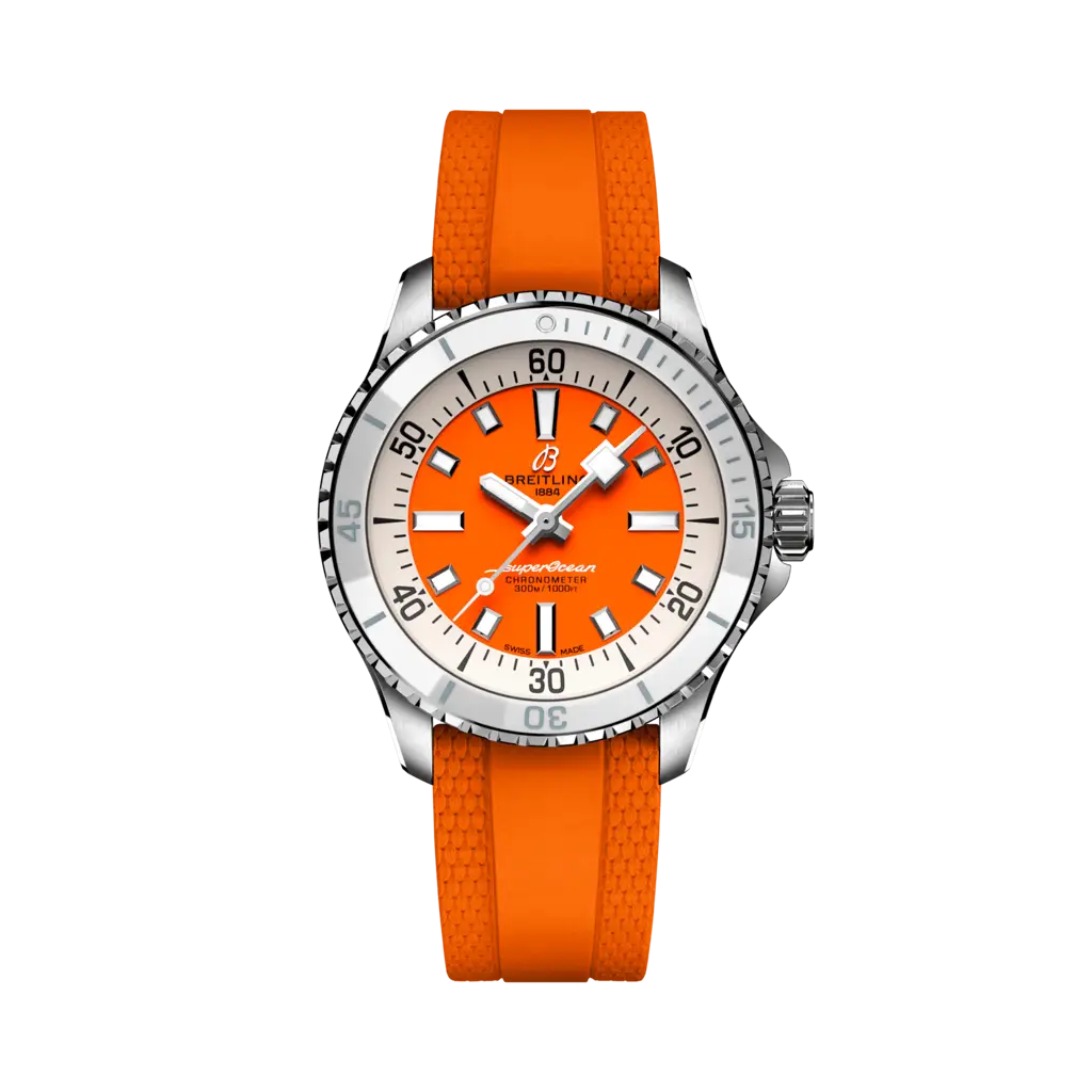 Breitling Superocean Automatic 36 mm Orange Dial Stainless Steel Rubber Tangerine Strap A17377211O1S1