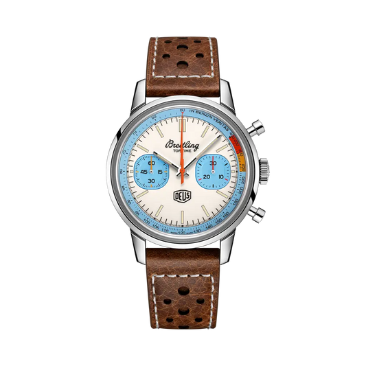 Breitling Top Time Deus 41 mm White And Sky Blue Dial Stainless Steel Calfskin Leather Brown Strap A233112A1A1X1