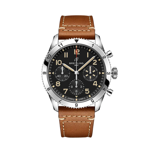 Breitling Classic AVI Chronograph 42 P-51 Mustang 42 mm Bright Black Dial Stainless Steel Calfskin Leather Strap A233803A1B1X1