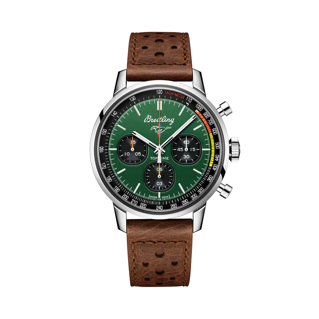 Breitling Top Time Ford Mustang 42 mm Black And Green Dial Stainless Steel Calfskin Leather Brown Strap A253101A1L1X1