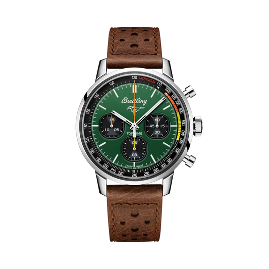 Breitling Top Time Ford Mustang 42 mm Black And Green Dial Stainless Steel Calfskin Leather Brown Strap A253101A1L1X1