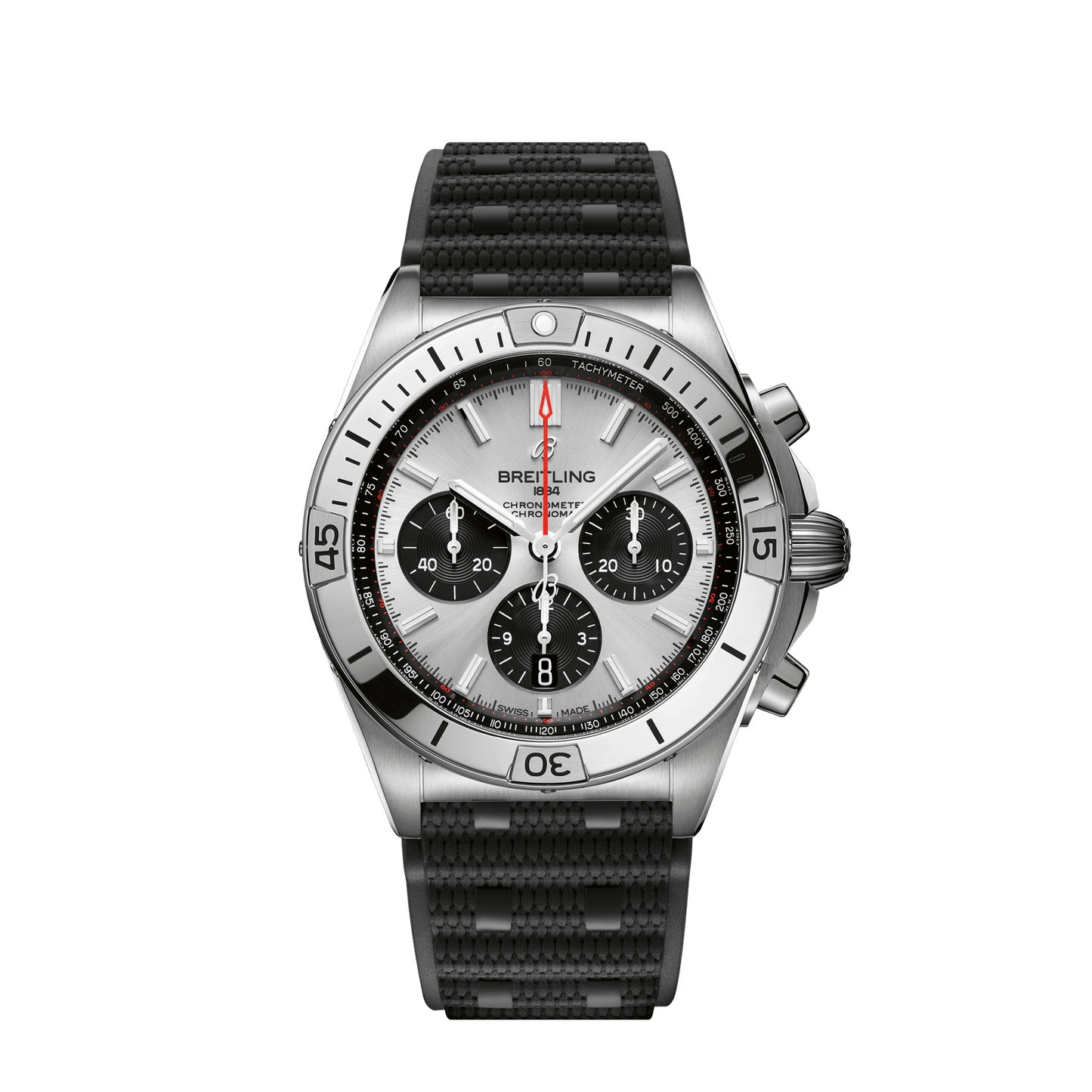 Breitling Chronomat B01 42 42.0 mm Silver and Black Dial Stainless Steel Black Strap AB0134101G1S2