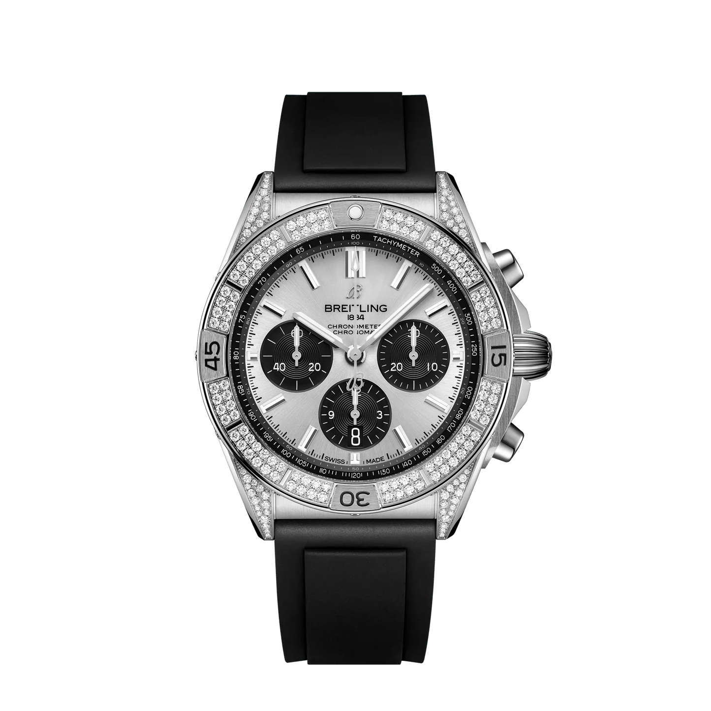 Breitling Chronomat B01 42 42.0 mm Silver and Black Dial Stainless Steel (Gem-Set) Black Rubber Strap AB0134721G1S1