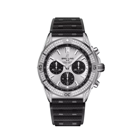 Breitling Chronomat B01 42 42.0 mm Silver and Black Dial Stainless Steel (Gem-Set) Black Rubber Strap AB0134721G1S2