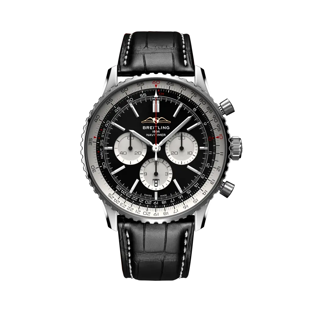 Breitling Navitimer B01 Chronograph 46 mm Black And White Dial Stainless Steel Alligator Leather Strap AB0137211B1P1