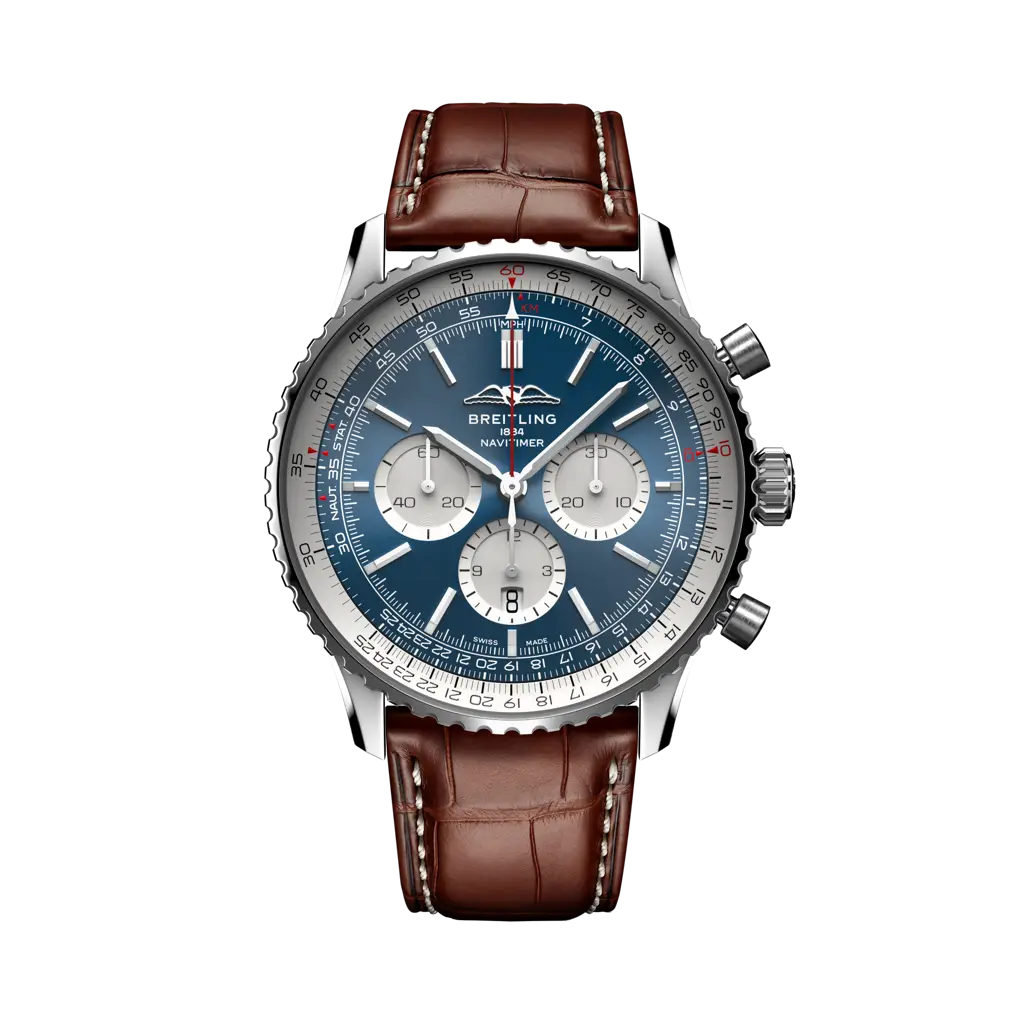 Breitling Navitimer B01 Chronograph 46 mm White And Blue Dial Stainless Steel Alligator Leather Strap AB0137211C1P1