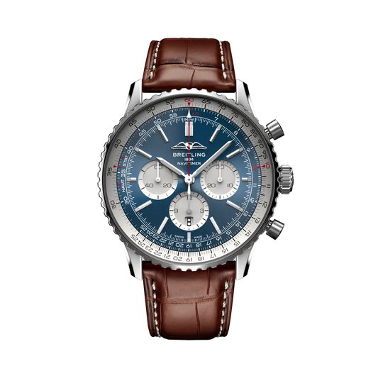 Breitling Navitimer B01 Chronograph 46 mm White And Blue Dial Stainless Steel Alligator Leather Strap AB0137211C1P1