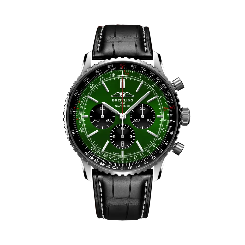 Breitling Navitimer B01 Chronograph 46 mm Black And Green Dial Stainless Steel Alligator Leather Strap AB0137241L1P1