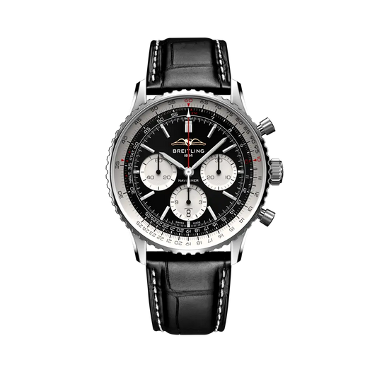 Breitling Navitimer B01 Chronograph 43 mm Black And White Dial Stainless Steel Alligator Leather Strap AB0138211B1P1