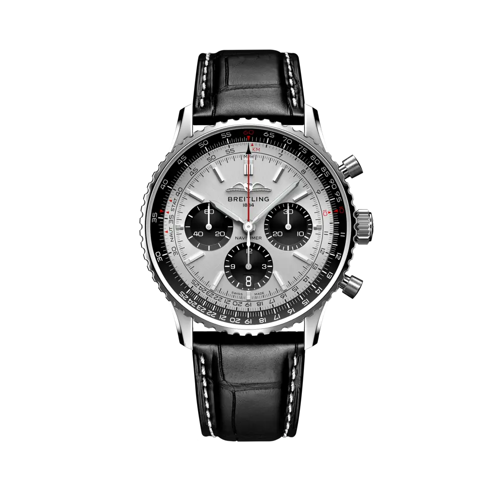 Breitling Navitimer B01 Chronograph 43 mm Black And White Dial Stainless Steel Alligator Leather Strap AB0138241G1P1