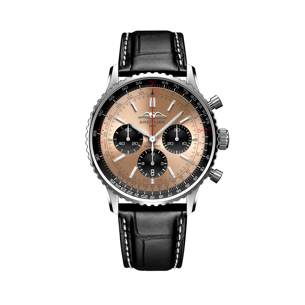 Breitling Navitimer B01 Chronograph 43 mm  Black With Rose Gold Dial Stainless Steel Alligator Leather Strap AB0138241K1P1