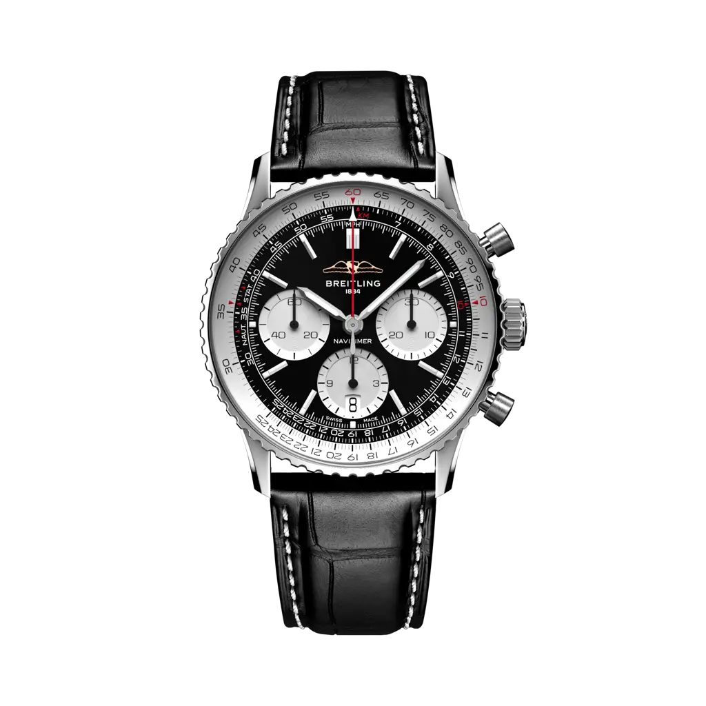 Breitling Navitimer B01 Chronograph 41 mm White With Black Dial Stainless Steel Alligator Leather Strap AB0139211B1P1