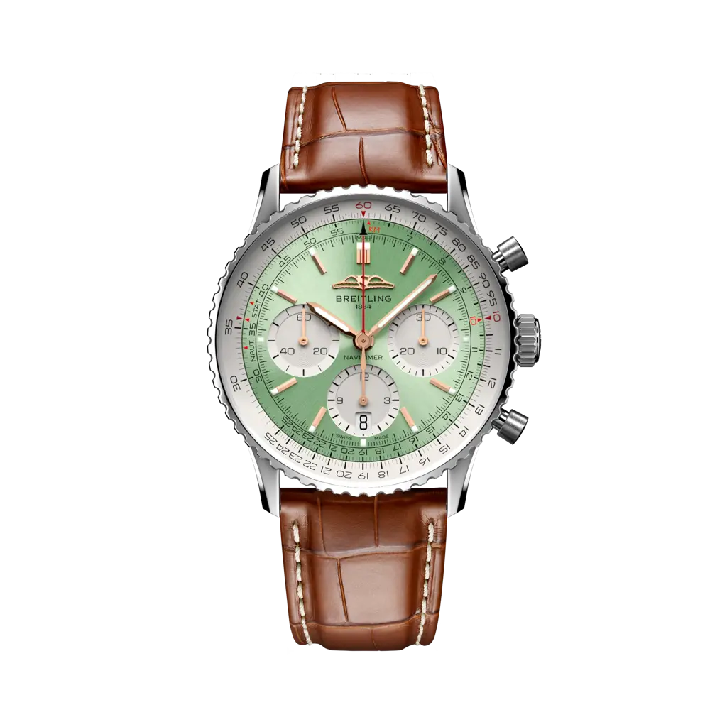 Breitling Navitimer B01 Chronograph 41 mm White With Olive Green Dial Stainless Steel Alligator Leather Strap AB0139211L1P1