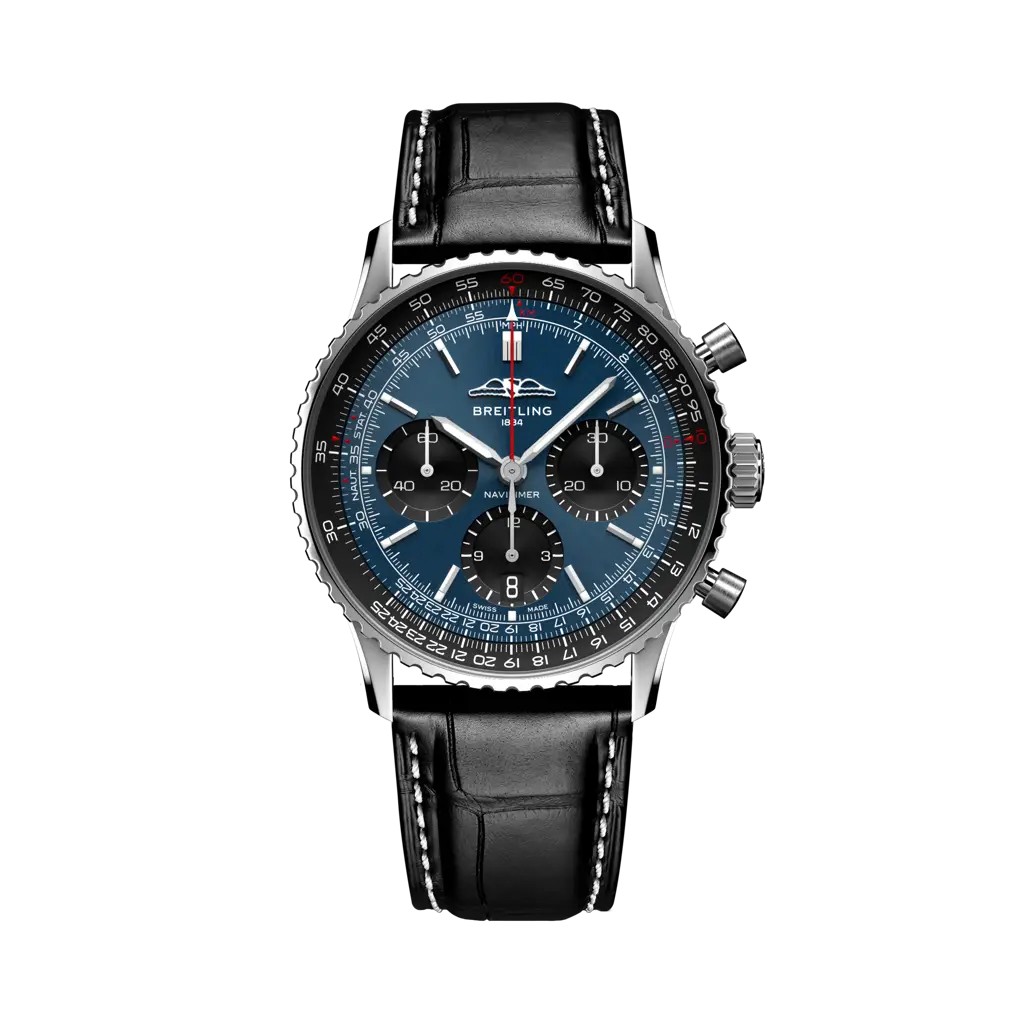 Breitling Navitimer B01 Chronograph 41 mm Black With Blue Dial Stainless Steel Alligator Leather Strap AB0139241C1P1