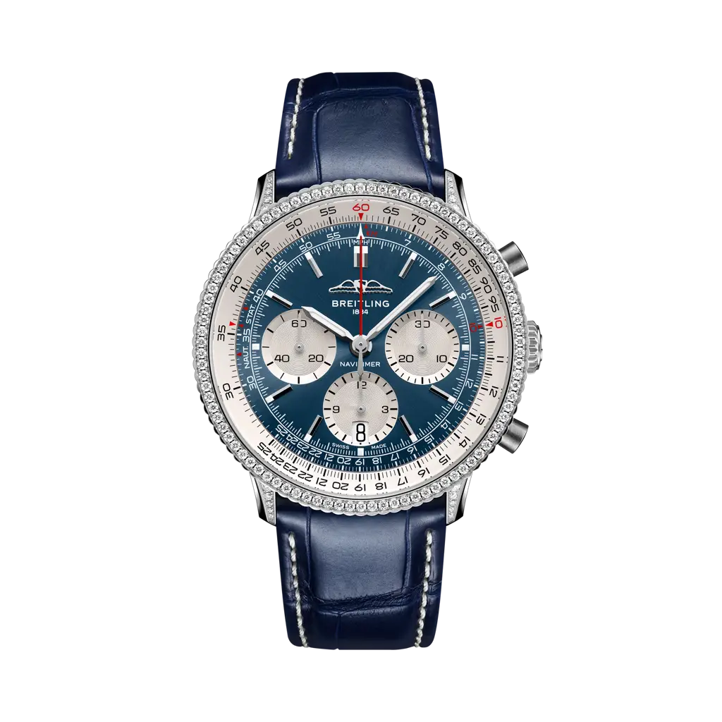 Breitling Navitimer B01 Chronograph 41 mm Silver With Blue Dial Stainless steel (gem-set) Alligator Leather Strap AB0139631C1P1