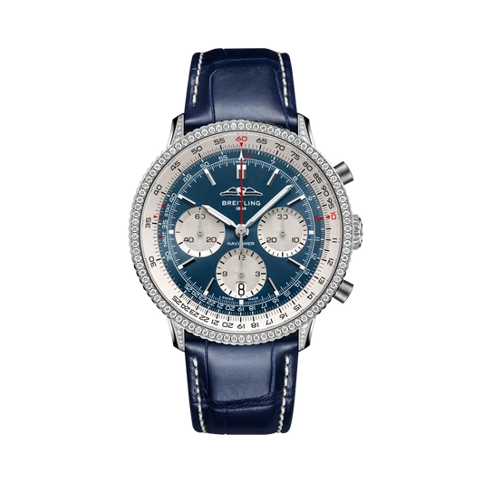 Breitling Navitimer B01 Chronograph 41 mm Silver With Blue Dial Stainless steel (gem-set) Alligator Leather Strap AB0139631C1P1