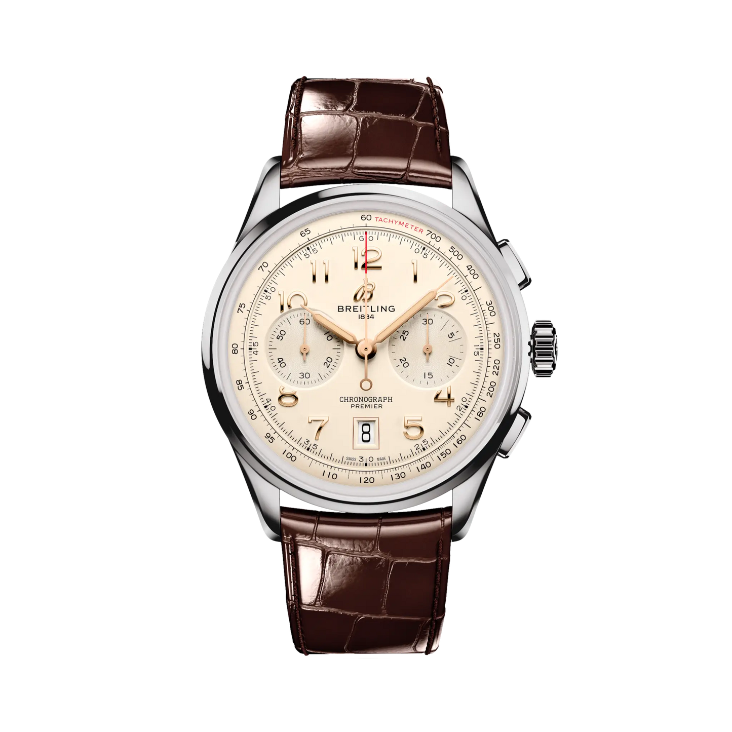 Breitling Premier B01 Chronograph 42 mm White Dial Stainless Steel Alligator Leather Brown Strap AB0145211G1P1