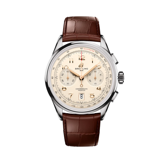 Breitling Premier B01 Chronograph 42 mm White Dial Stainless Steel Alligator Leather Brown Strap AB0145211G1P2