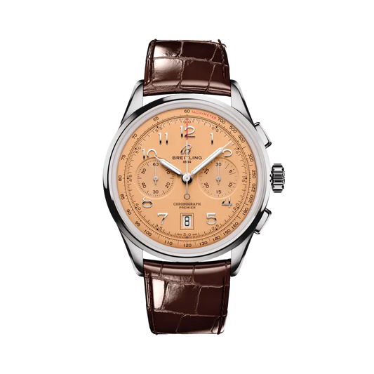 Breitling Premier B01 Chronograph 42 mm Rose-colour Dial Stainless Steel Alligator Leather Brown Strap AB0145331K1P1