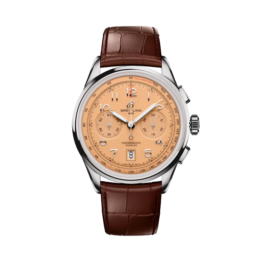 Breitling Premier B01 Chronograph 42 mm Rose-colour Dial Stainless Steel Alligator Leather Brown Strap AB0145331K1P2