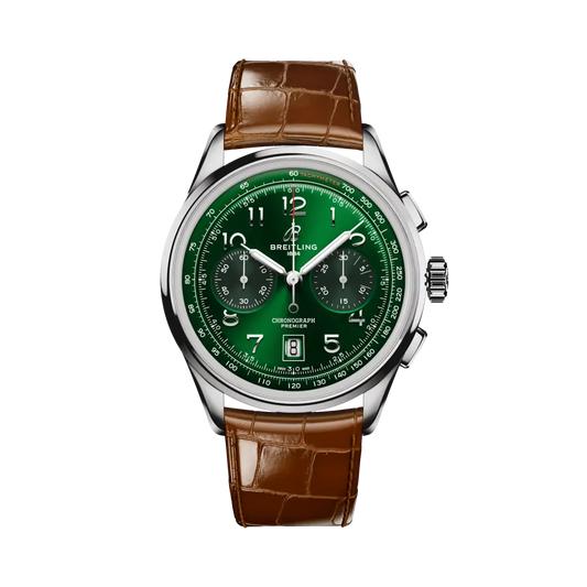 Breitling Premier B01 Chronograph 42 mm Green Dial Stainless Steel Alligator Leather Gold Brown Strap AB0145371L1P1