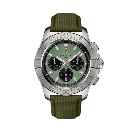 Breitling Avenger B01 Chronograph 44 mm Black And Light Green Dial Stainless Steel Calfskin Leather Strap AB0147101L1X1