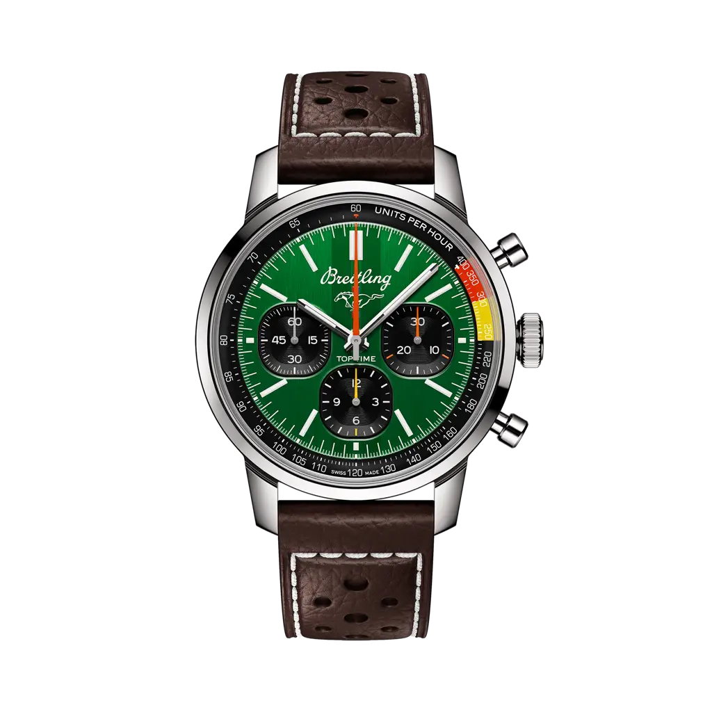 Breitling Top Time B01 Ford Mustang 41 mm Black And Green Dial Stainless Steel Calfskin Leather Brown Strap AB01762A1L1X1