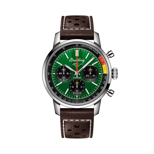 Breitling Top Time B01 Ford Mustang 41 mm Black And Green Dial Stainless Steel Calfskin Leather Brown Strap AB01762A1L1X1