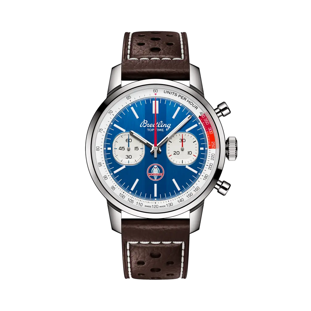 Breitling Top Time B01 Shelby Cobra 41 mm  White And Blue Dial Stainless Steel Calfskin Leather Brown Strap AB01763A1C1X1