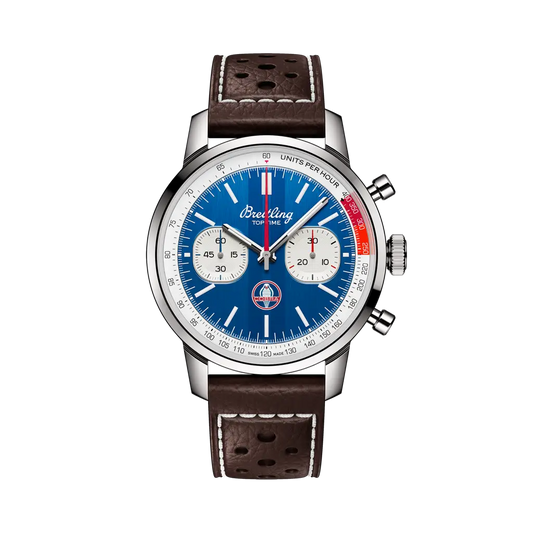 Breitling Top Time B01 Shelby Cobra 41 mm  White And Blue Dial Stainless Steel Calfskin Leather Brown Strap AB01763A1C1X1