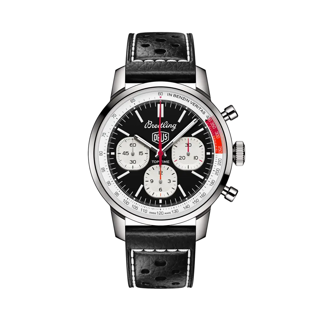 Breitling Top Time B01 Deus 41 mm Black And White Dial Stainless Steel Calfskin Leather Black Strap AB01765A1B1X1