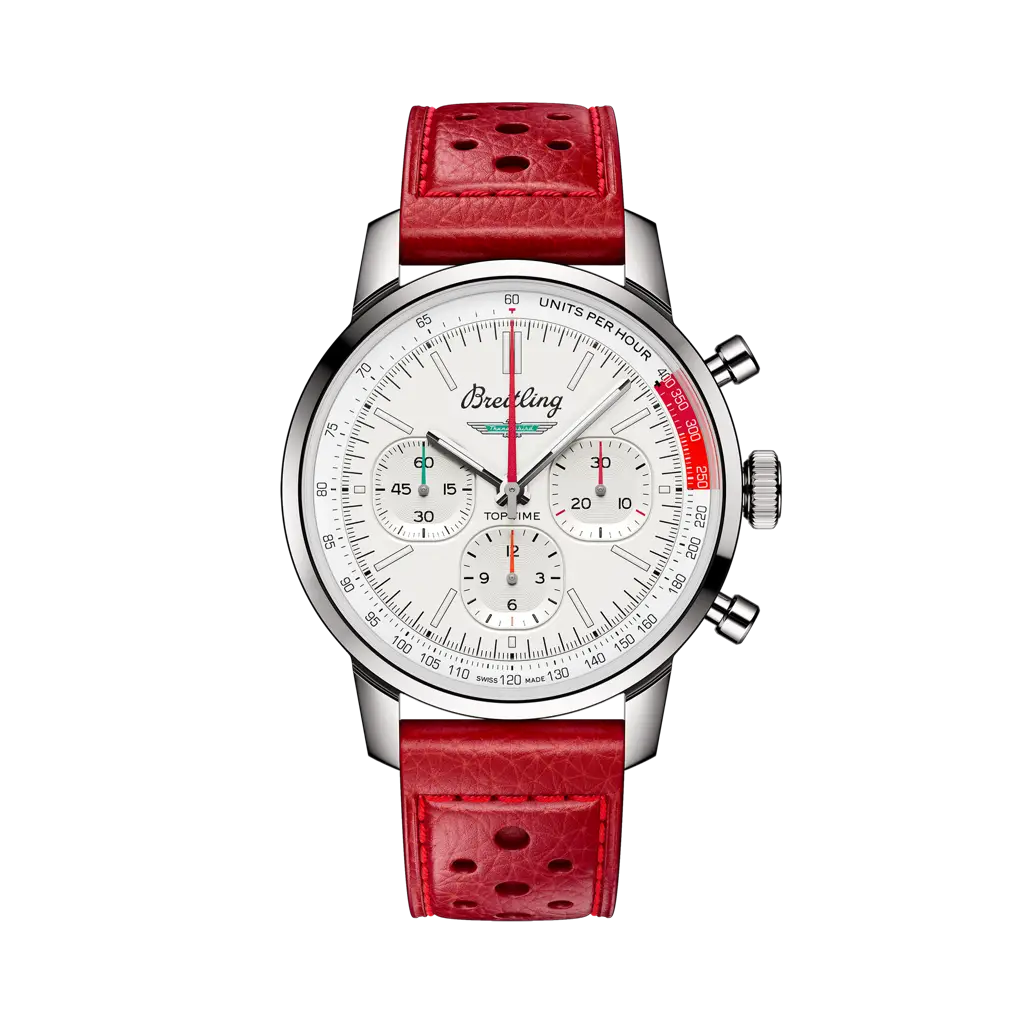 Breitling Top Time B01 Ford Thunderbird 41 mm  White Dial Stainless Steel Calfskin Leather Red Strap AB01766A1A1X1