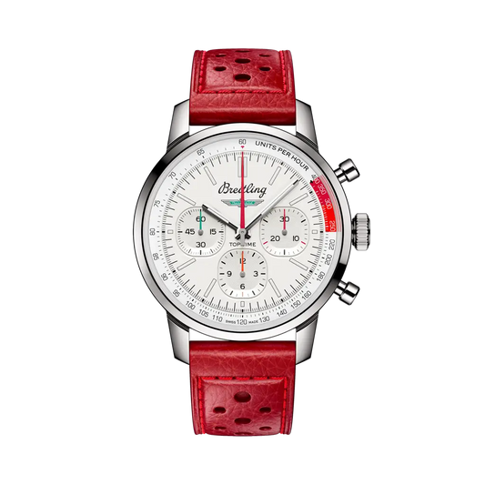 Breitling Top Time B01 Ford Thunderbird 41 mm  White Dial Stainless Steel Calfskin Leather Red Strap AB01766A1A1X1