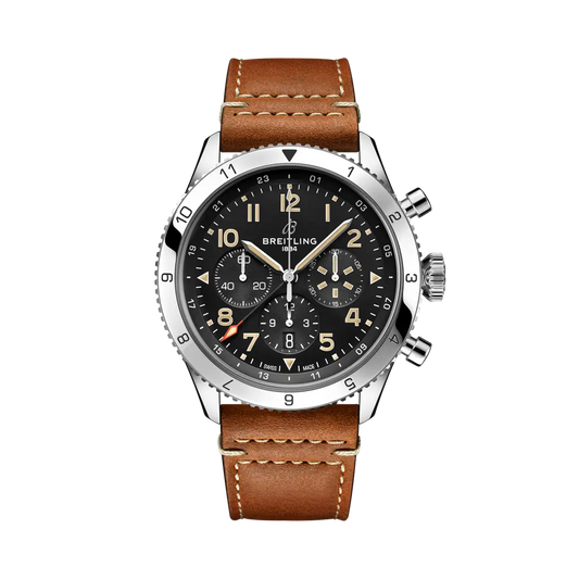 Breitling Super AVI B04 Chronograph GMT 46 P-51 Mustang 46 mm Black Dial Stainless Steel Calfskin Leather Strap AB04453A1B1X1