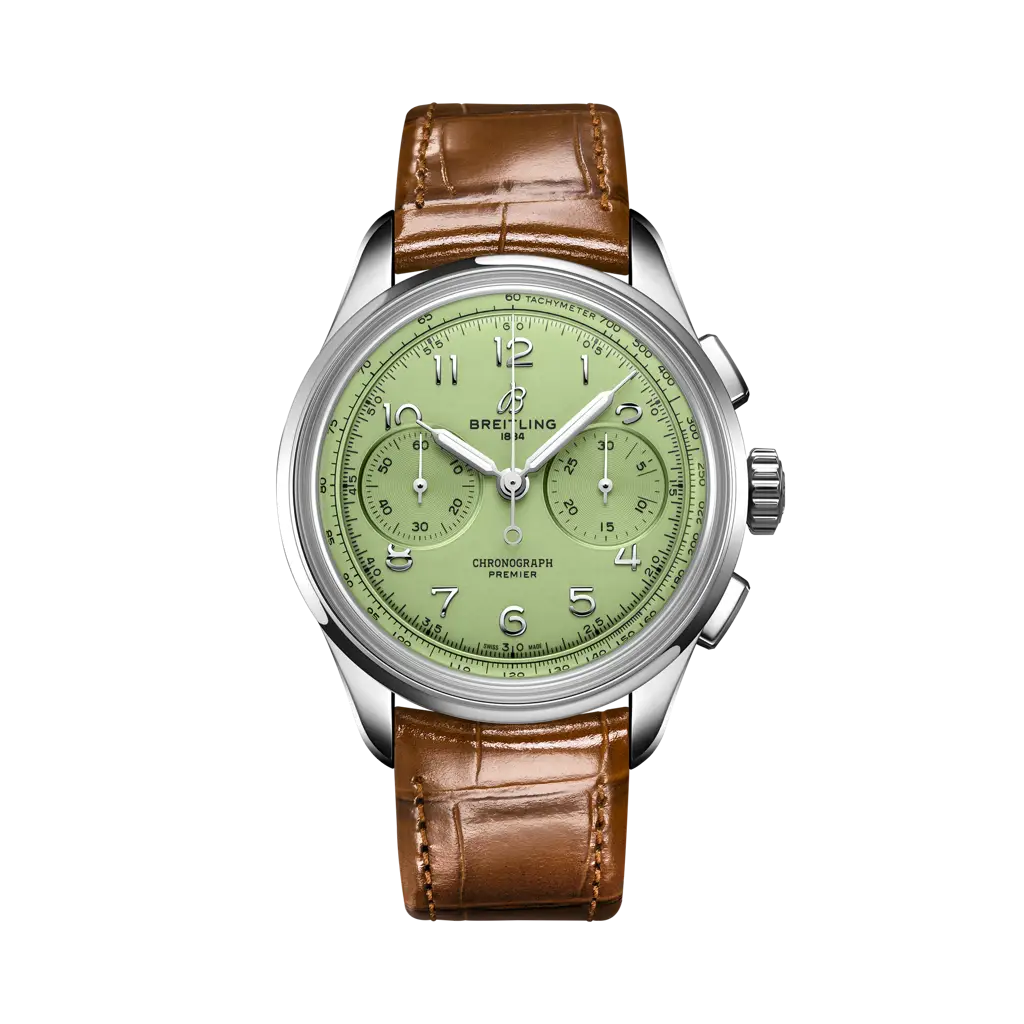 Breitling Premier B09 Chronograph 40 mm Green Dial Stainless Steel Alligator Leather Gold Brown Strap AB0930D31L1P1