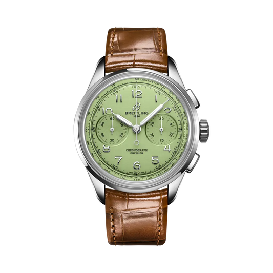 Breitling Premier B09 Chronograph 40 mm Green Dial Stainless Steel Alligator Leather Gold Brown Strap AB0930D31L1P1